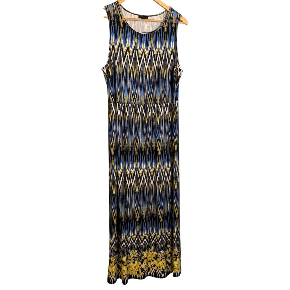 J. Jill Wearever Ikat Print Blue Yellow Sleeveless Knit Maxi Dress‎